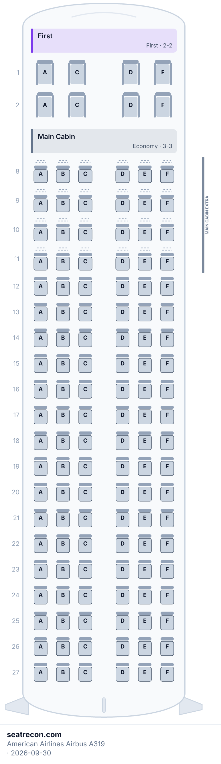 American Airlines Airbus A319 seat map diagram — First, Main Cabin (128 seats)