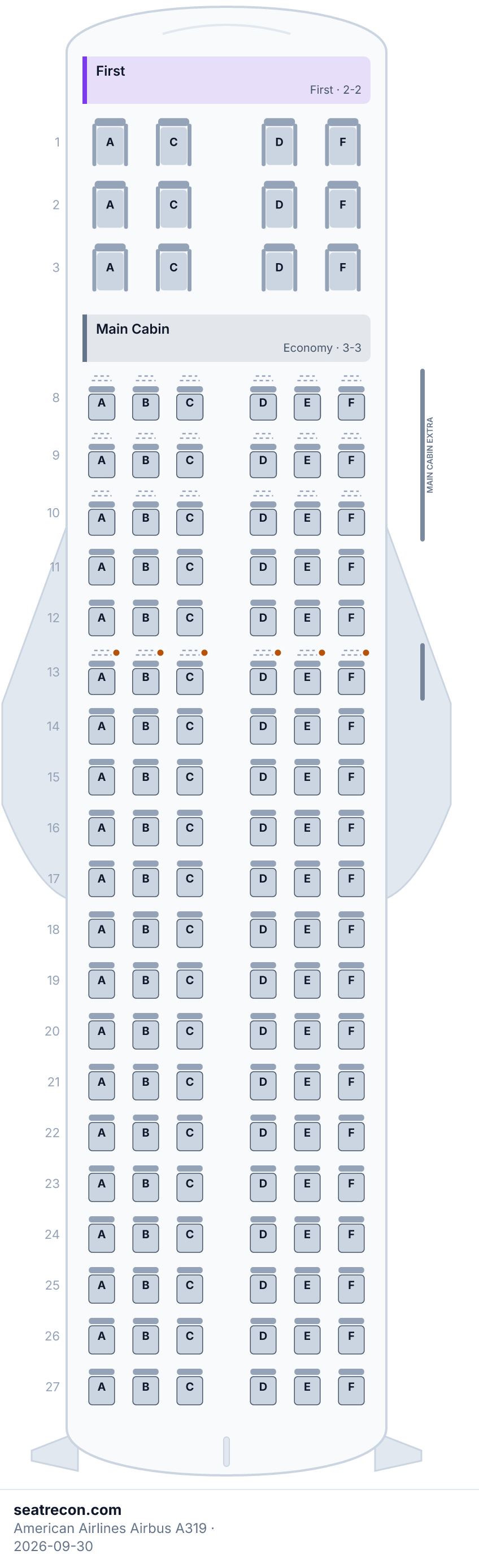 American Airlines Airbus A319 seat map diagram — First, Main Cabin (132 seats)