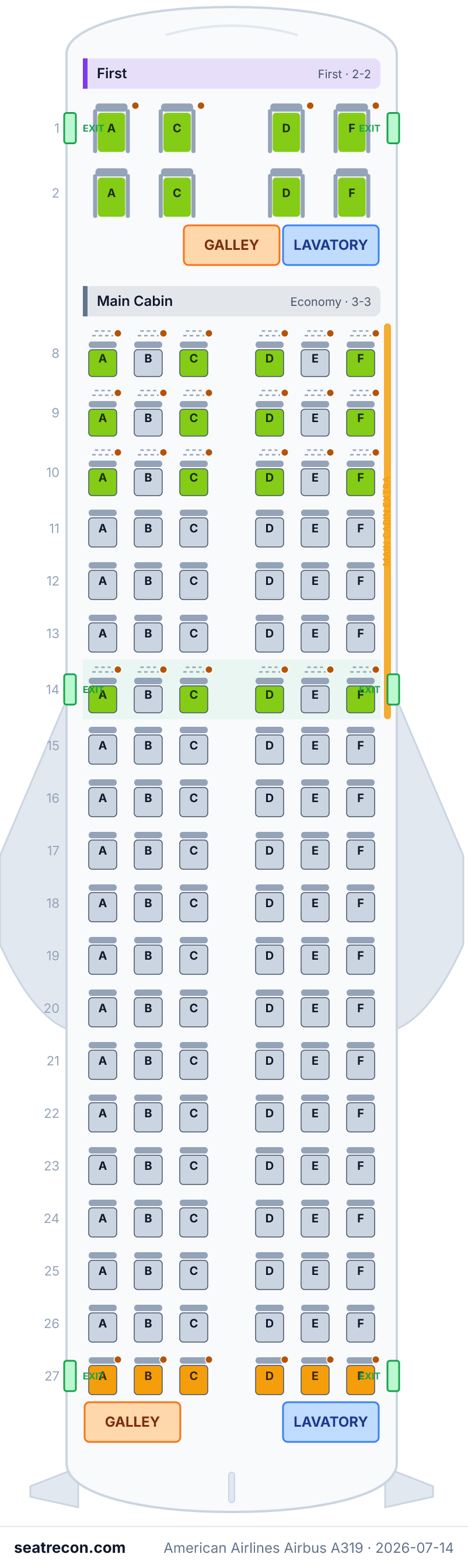 American Airlines Airbus A319 seat map diagram — First, Main Cabin (128 seats)