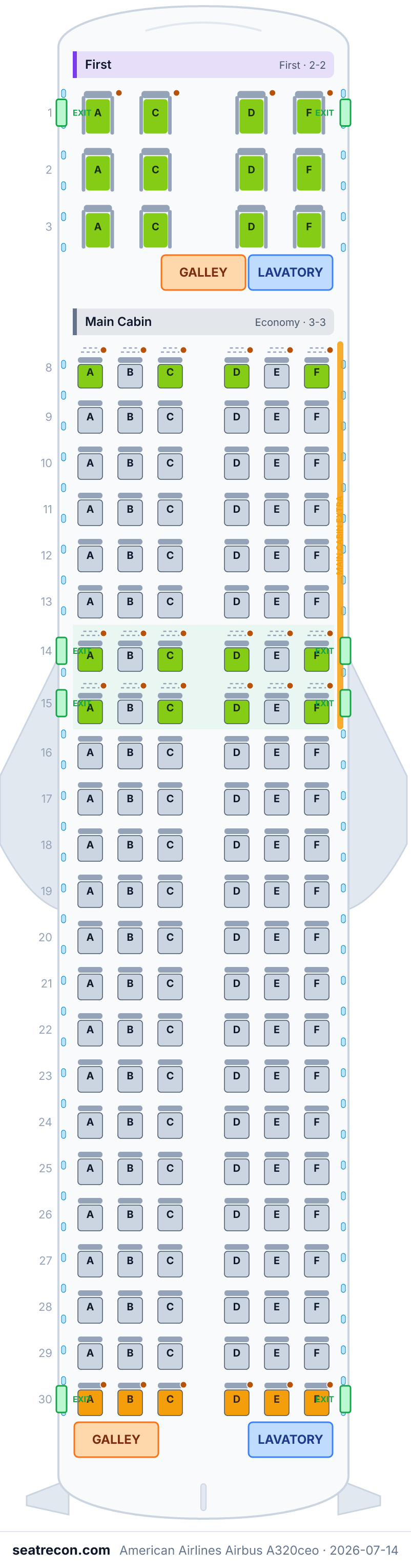 American Airlines Airbus A320ceo seat map diagram — First, Main Cabin (150 seats)