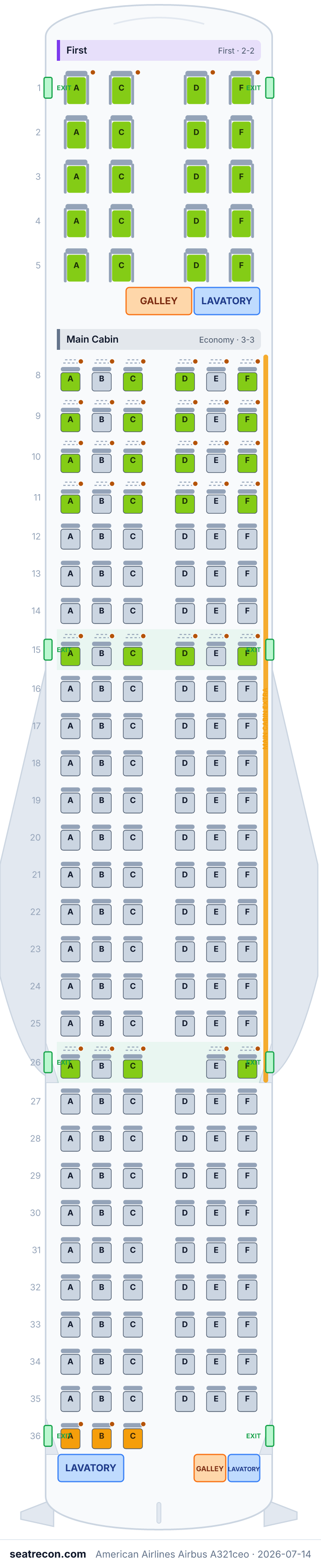 American Airlines Airbus A321ceo seat map diagram — First, Main Cabin (190 seats)