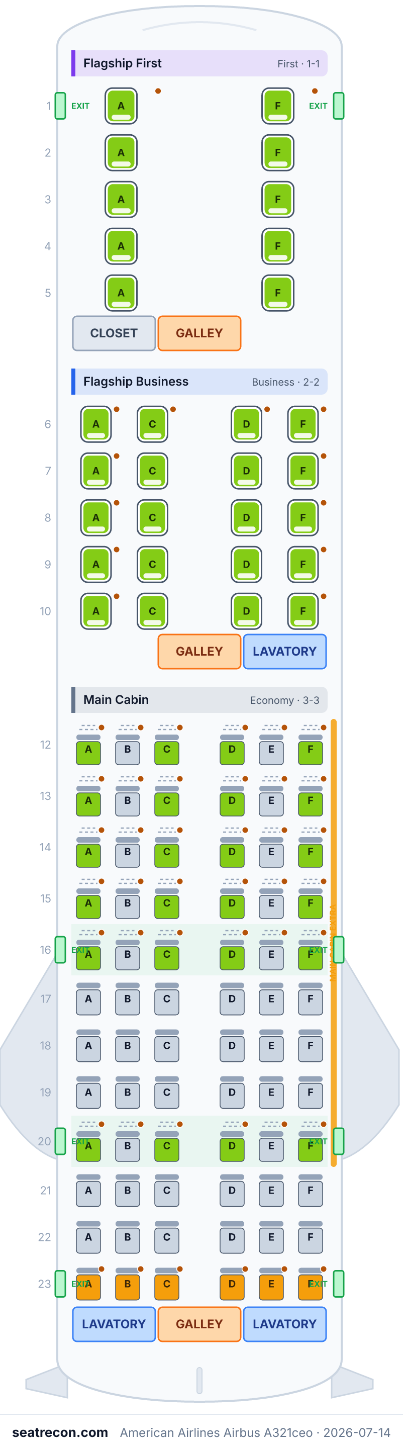 American Airlines Airbus A321ceo seat map diagram — Flagship First, Flagship Business, Main Cabin (102 seats)