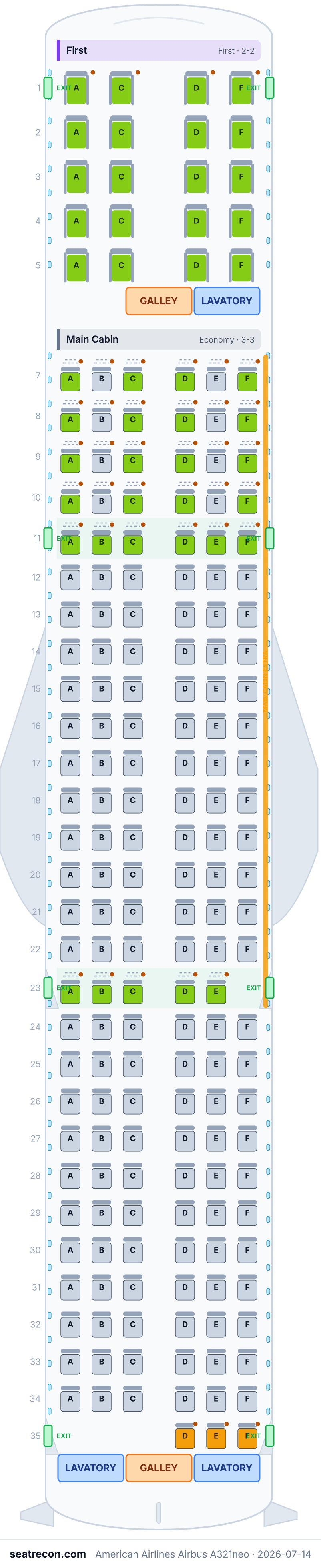 American Airlines Airbus A321neo seat map diagram — First, Main Cabin (190 seats)