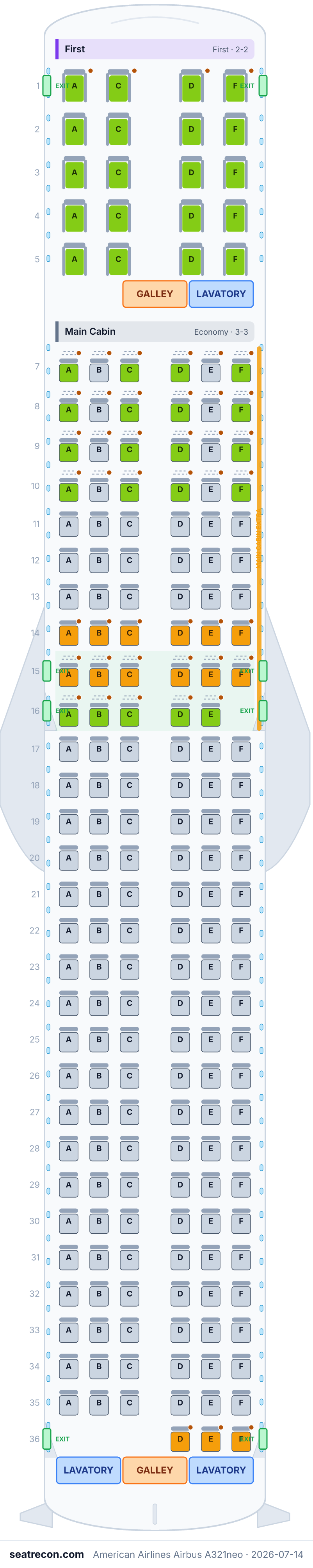 American Airlines Airbus A321neo seat map diagram — First, Main Cabin (196 seats)