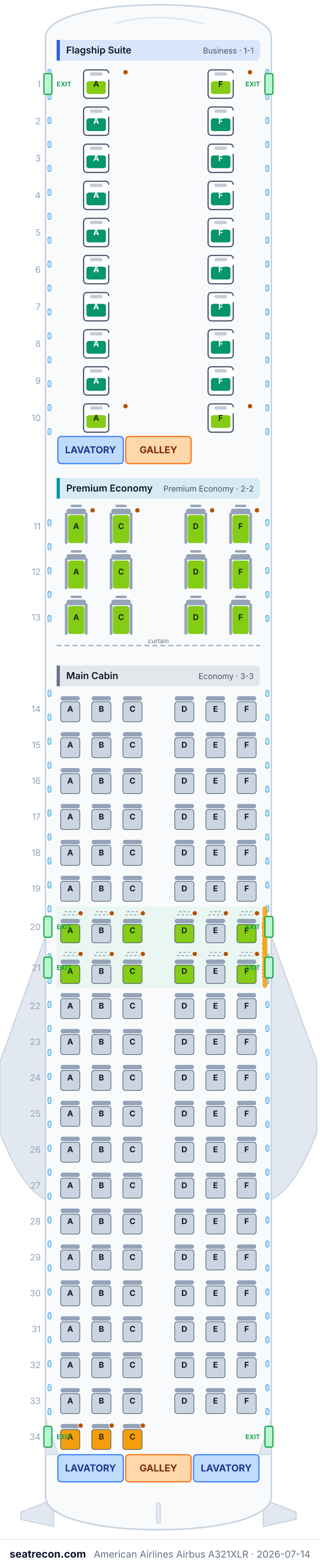 American Airlines Airbus A321XLR seat map diagram — Flagship Suite, Premium Economy, Main Cabin (155 seats)