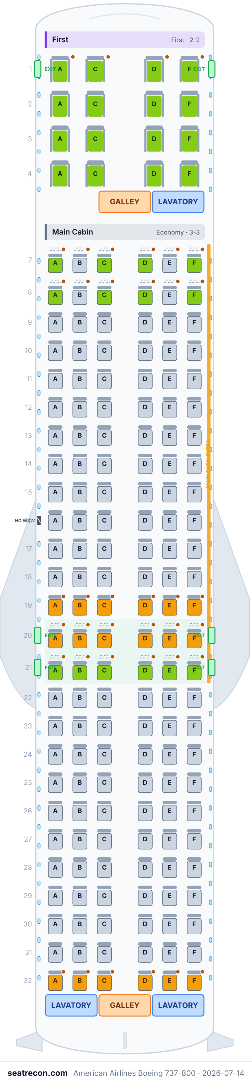 American Airlines Boeing 737-800 seat map diagram — First, Main Cabin (172 seats)