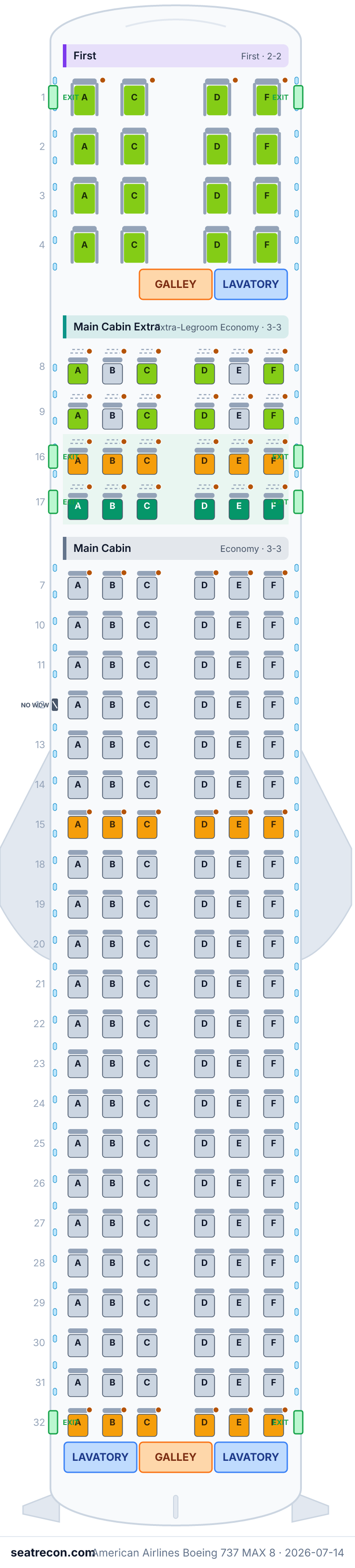 American Airlines Boeing 737 MAX 8 seat map diagram — First, Main Cabin Extra, Main Cabin (172 seats)