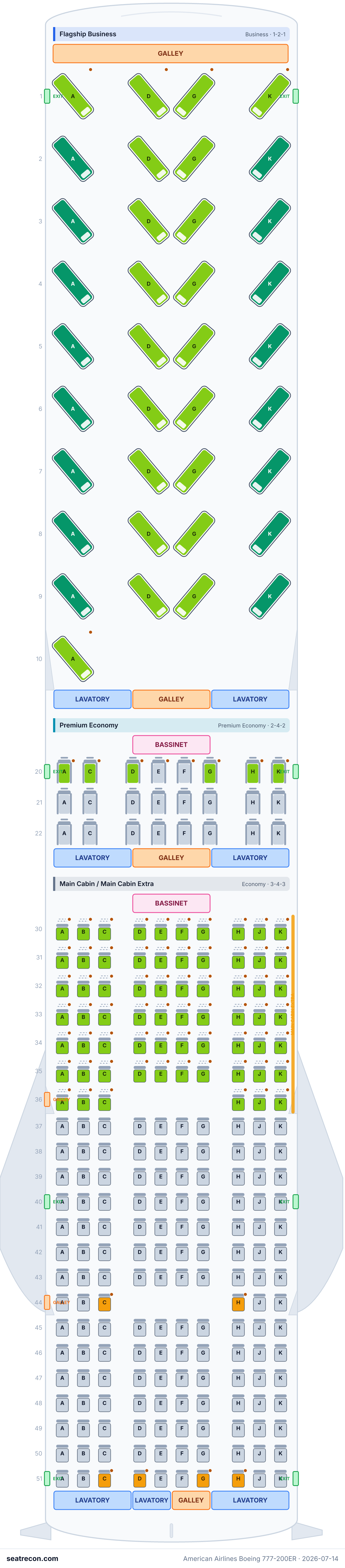 American Airlines Boeing 777-200ER seat map diagram — Flagship Business, Premium Economy, Main Cabin / Main Cabin Extra (273 seats)