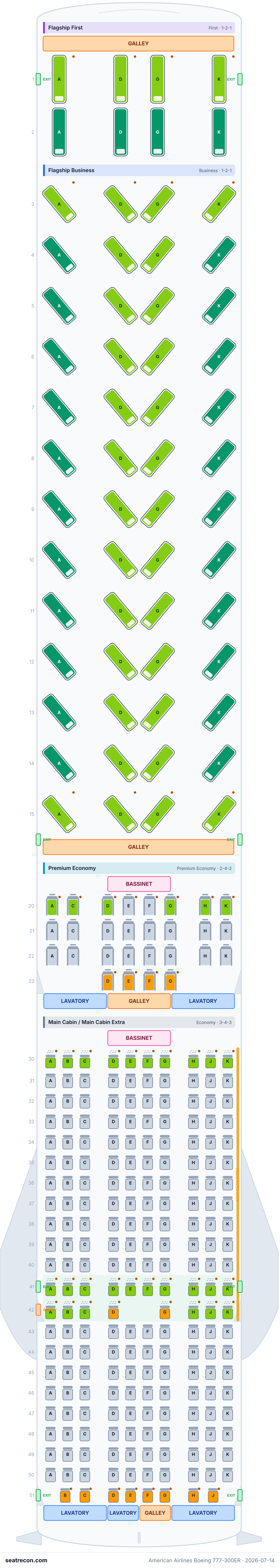 American Airlines Boeing 777-300ER seat map diagram — Flagship First, Flagship Business, Premium Economy, Main Cabin / Main Cabin Extra (304 seats)