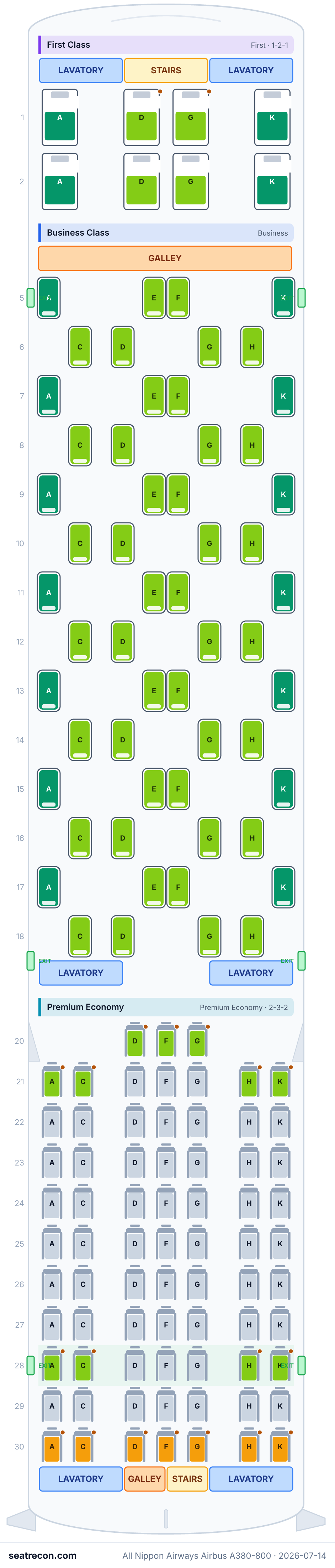 All Nippon Airways Airbus A380-800 seat map diagram — First Class, Business Class, Premium Economy, Economy Class (520 seats) — upper deck