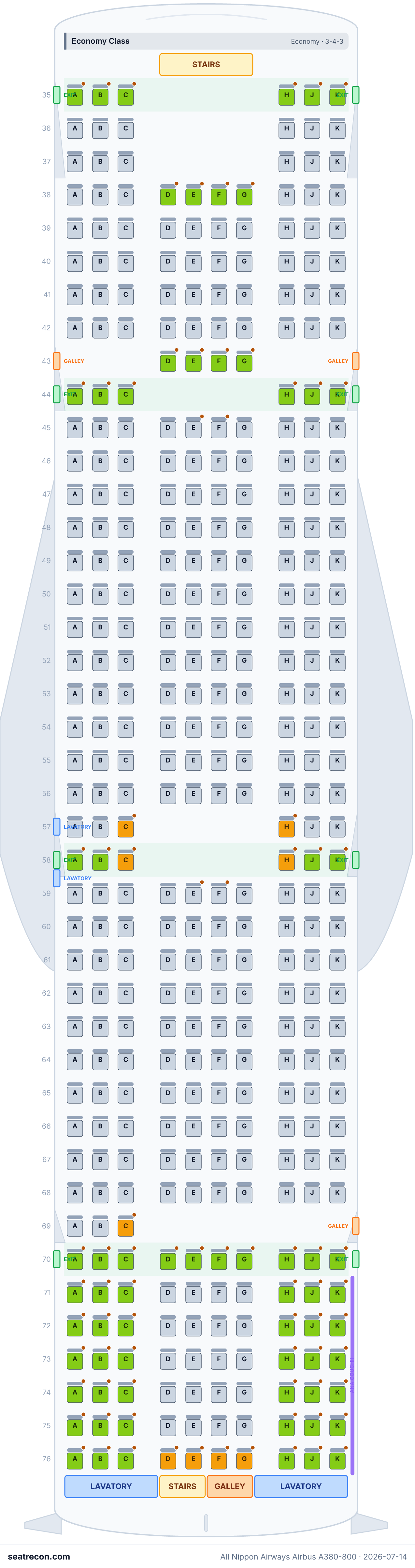 All Nippon Airways Airbus A380-800 seat map diagram — First Class, Business Class, Premium Economy, Economy Class (520 seats)