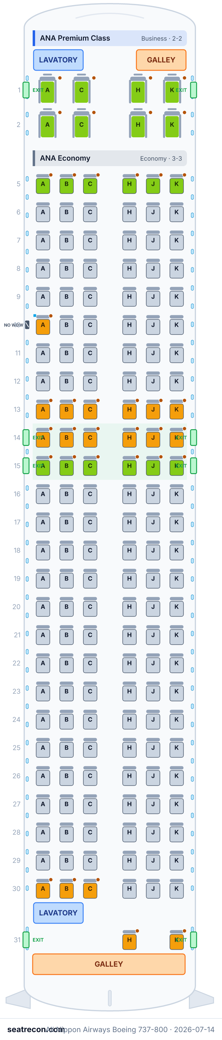 All Nippon Airways Boeing 737-800 seat map diagram — ANA Premium Class, ANA Economy (166 seats)