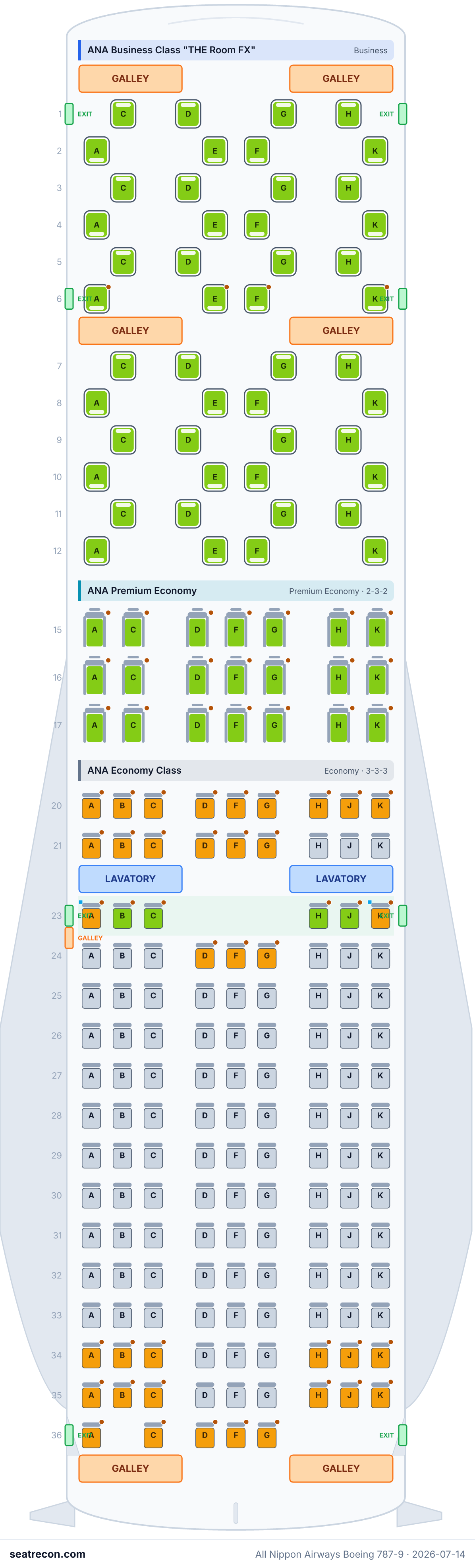 All Nippon Airways Boeing 787-9 seat map diagram — ANA Business Class "THE Room FX", ANA Premium Economy, ANA Economy Class (206 seats)