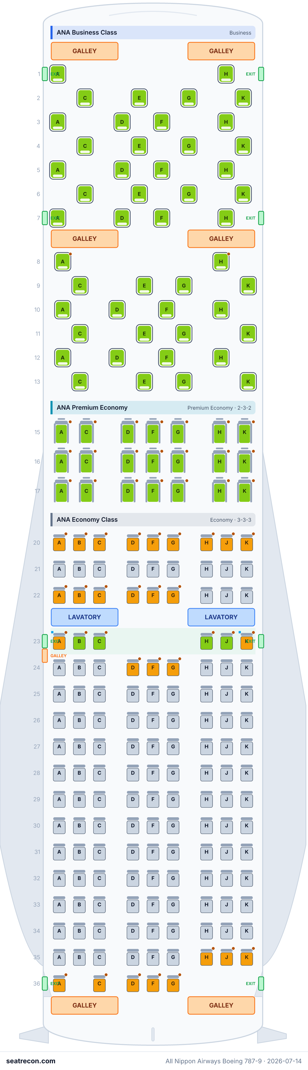 All Nippon Airways Boeing 787-9 seat map diagram — ANA Business Class, ANA Premium Economy, ANA Economy Class (215 seats)