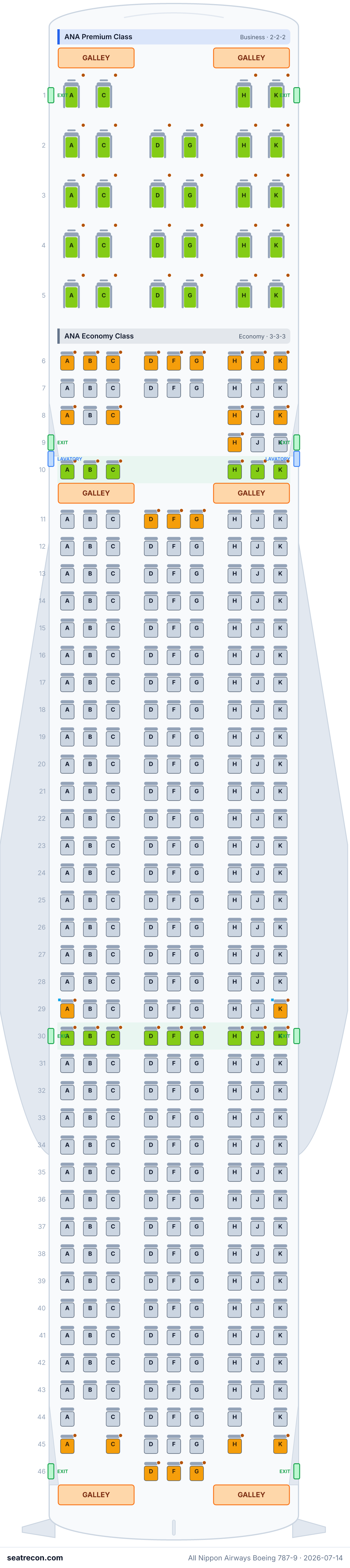 All Nippon Airways Boeing 787-9 seat map diagram — ANA Premium Class, ANA Economy Class (375 seats)