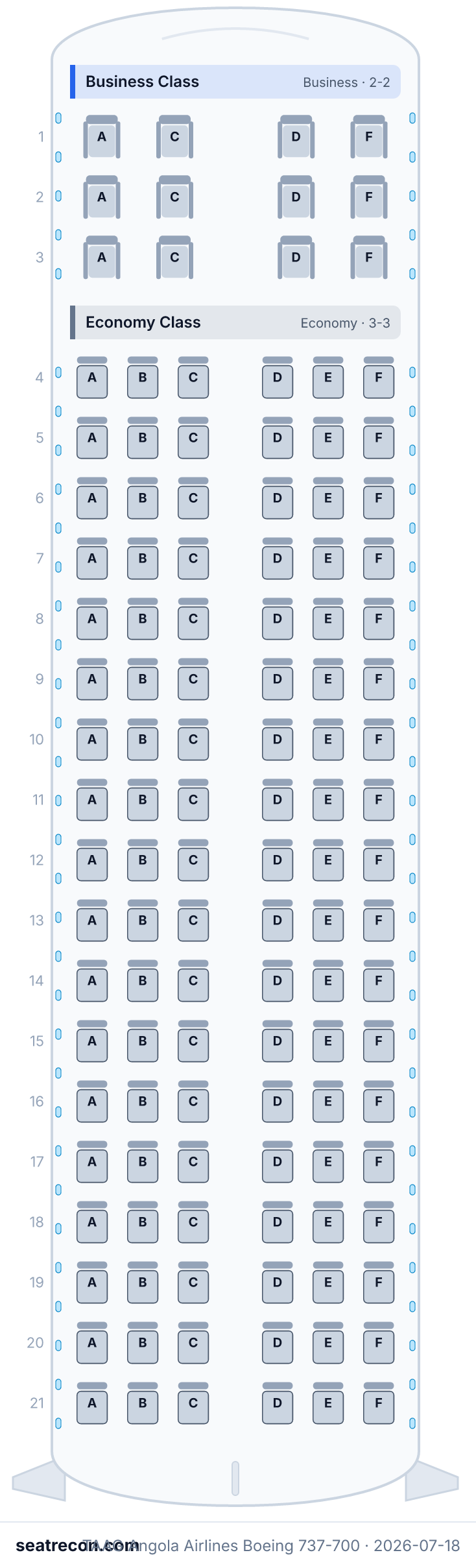 TAAG Angola Airlines Boeing 737-700 seat map diagram — Business Class, Economy Class (120 seats)