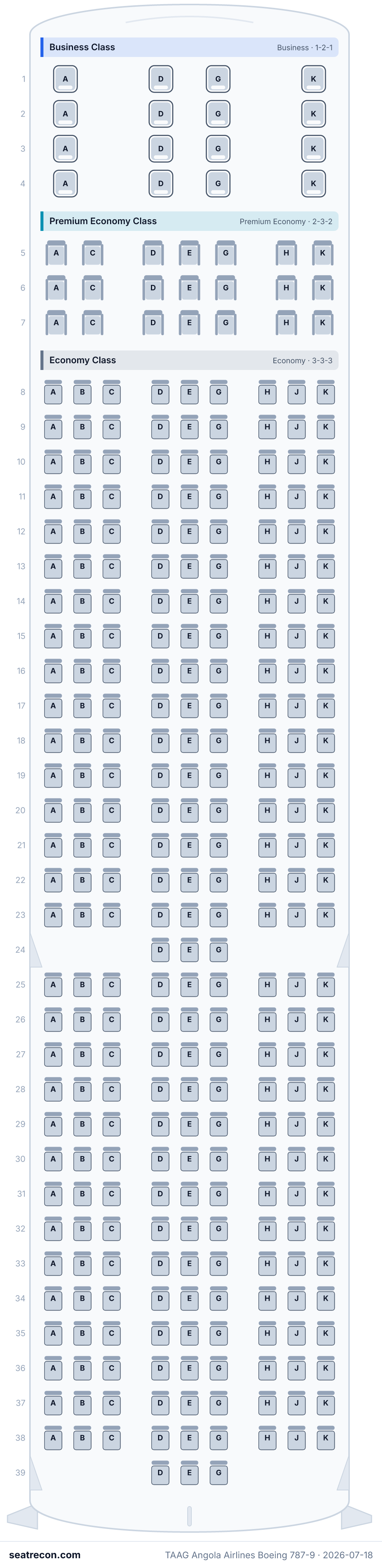 TAAG Angola Airlines Boeing 787-9 seat map diagram — Business Class, Premium Economy Class, Economy Class (313 seats)