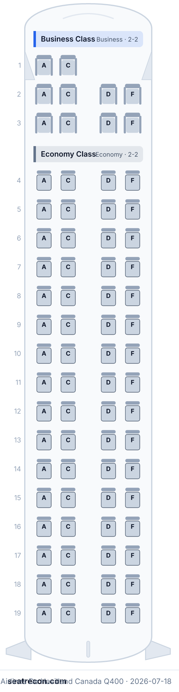TAAG Angola Airlines De Havilland Canada Q400 seat map diagram — Business Class, Economy Class (74 seats)