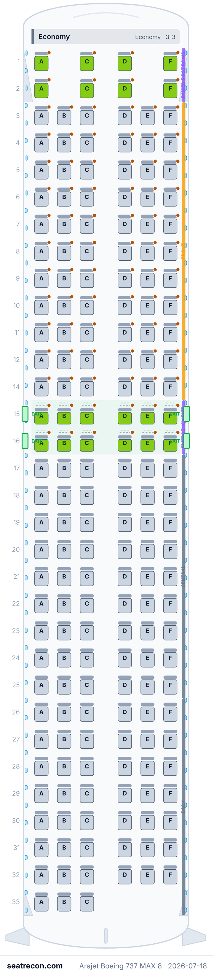 Arajet Boeing 737 MAX 8 seat map diagram — Economy (185 seats)