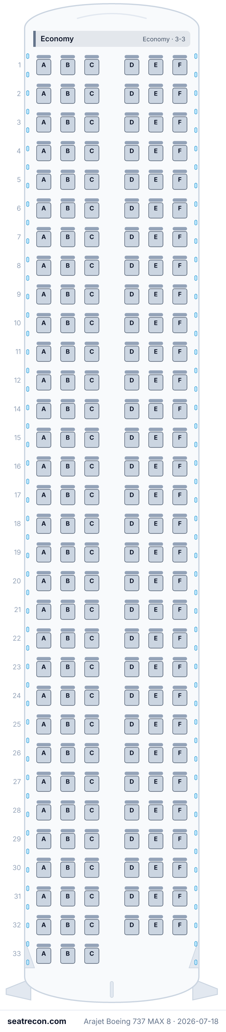 Arajet Boeing 737 MAX 8 seat map diagram — Economy (189 seats)