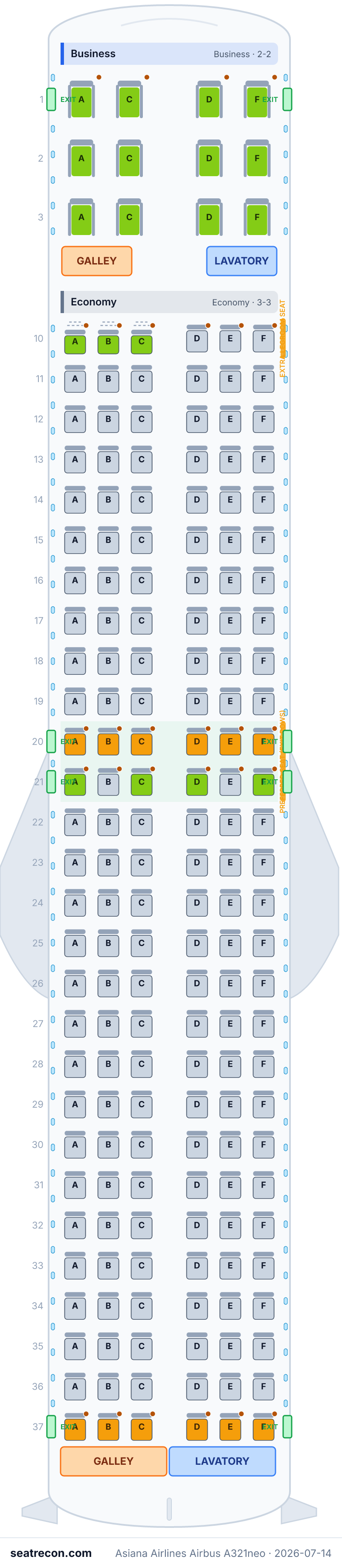 Asiana Airlines Airbus A321neo seat map diagram — Business, Economy (180 seats)