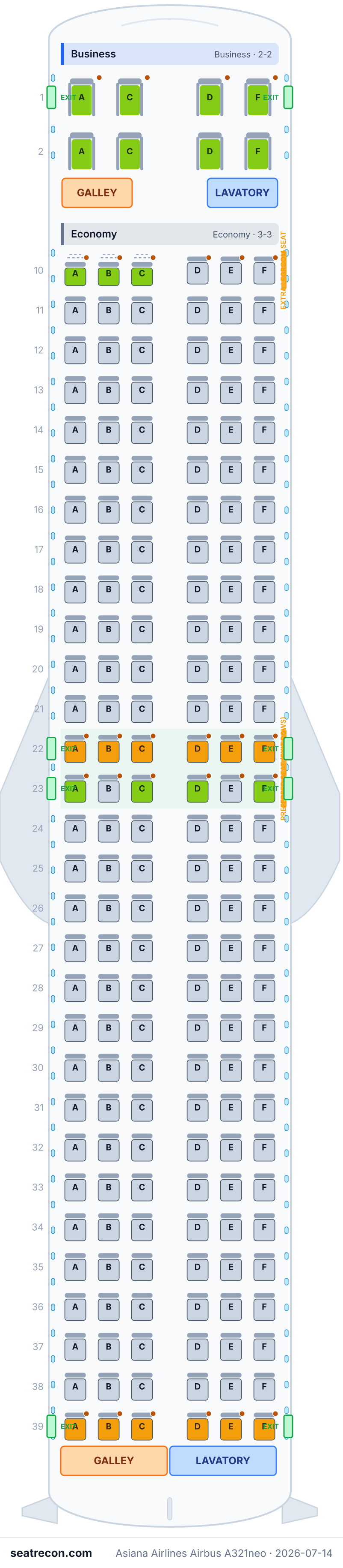 Asiana Airlines Airbus A321neo seat map diagram — Business, Economy (188 seats)