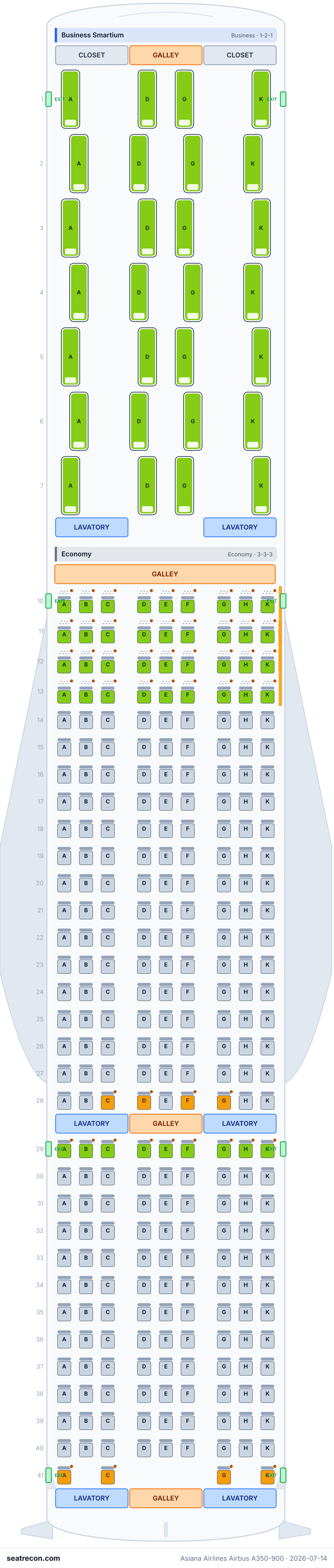 Asiana Airlines Airbus A350-900 seat map diagram — Business Smartium, Economy (311 seats)