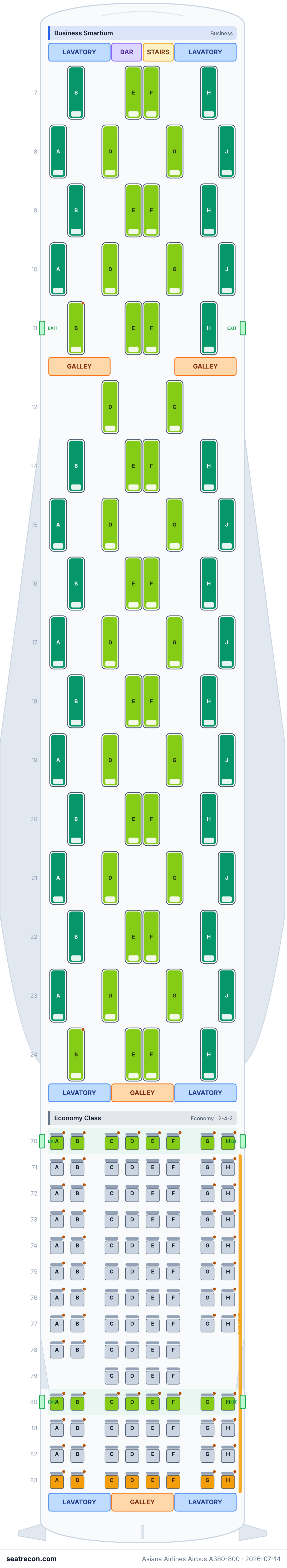 Asiana Airlines Airbus A380-800 seat map diagram — Business Suite, Economy Class, Business Smartium (495 seats) — upper deck