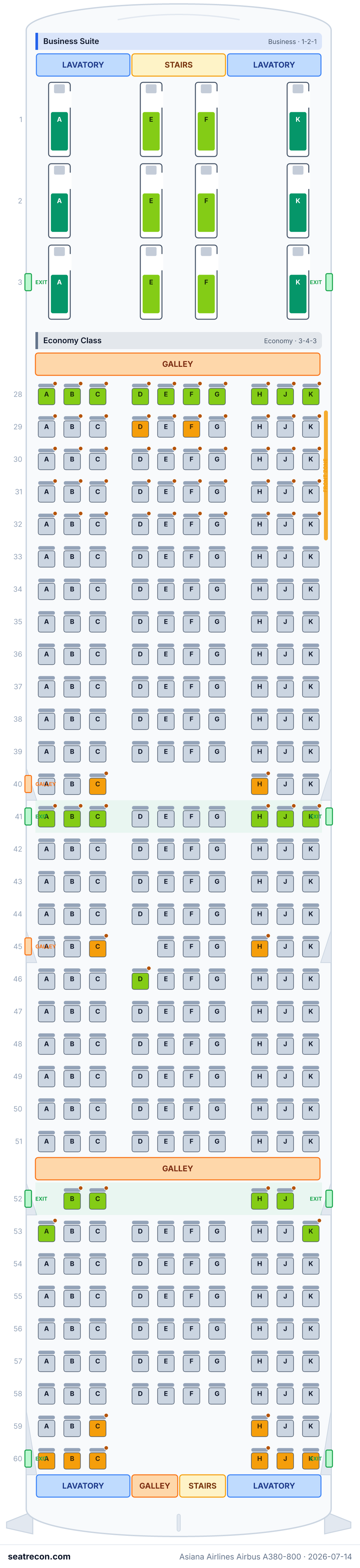 Asiana Airlines Airbus A380-800 seat map diagram — Business Suite, Economy Class, Business Smartium (495 seats)