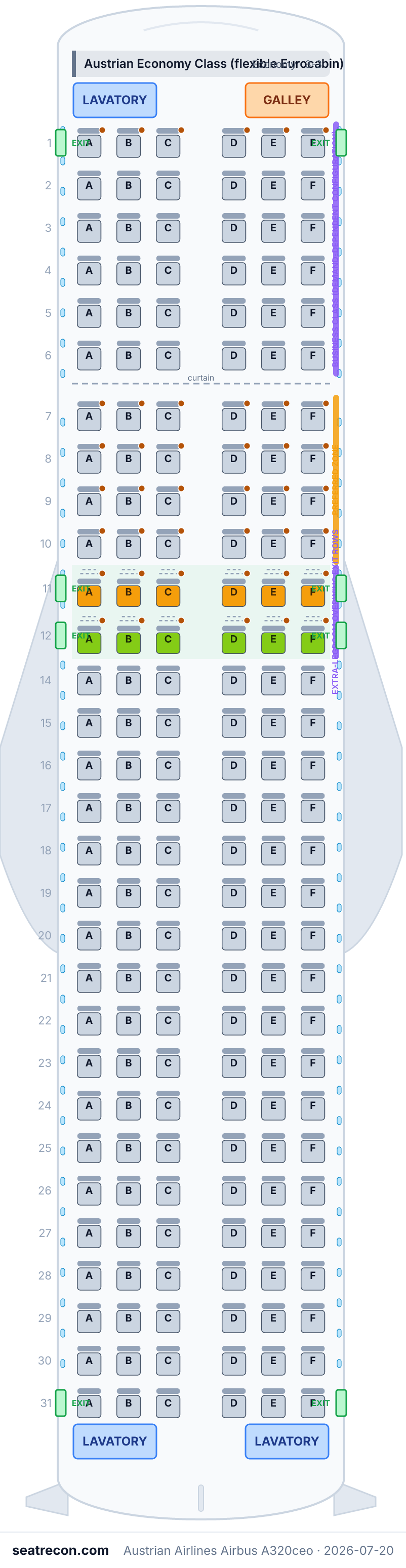 Mapa de asientos del Airbus A320ceo de Austrian Airlines (12N/168Y)