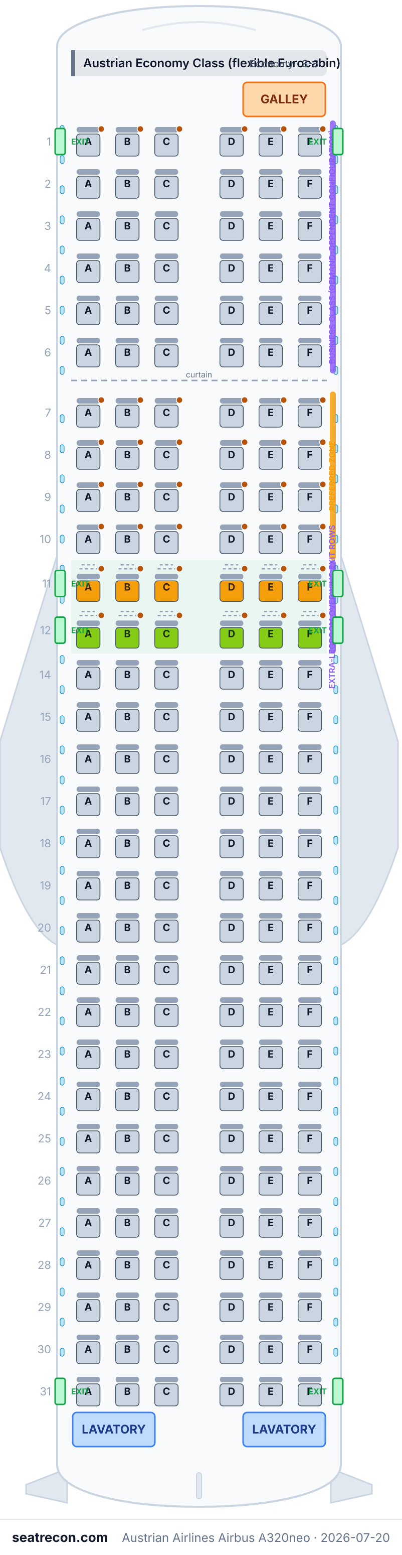 Austrian Airlines Airbus A320neo seat map (12N/168Y)