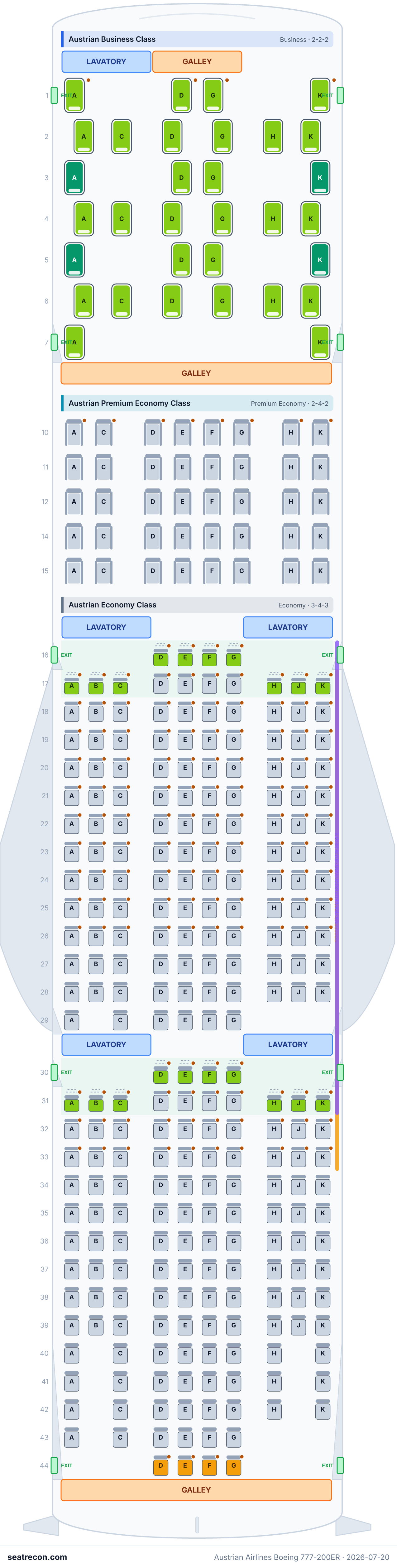 Austrian Airlines Boeing 777-200ER seat map (32J/40W/20N/238Y)