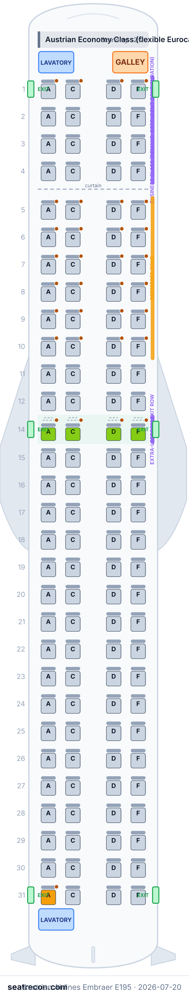 Austrian Airlines Embraer E195 seat map (4N/116Y)