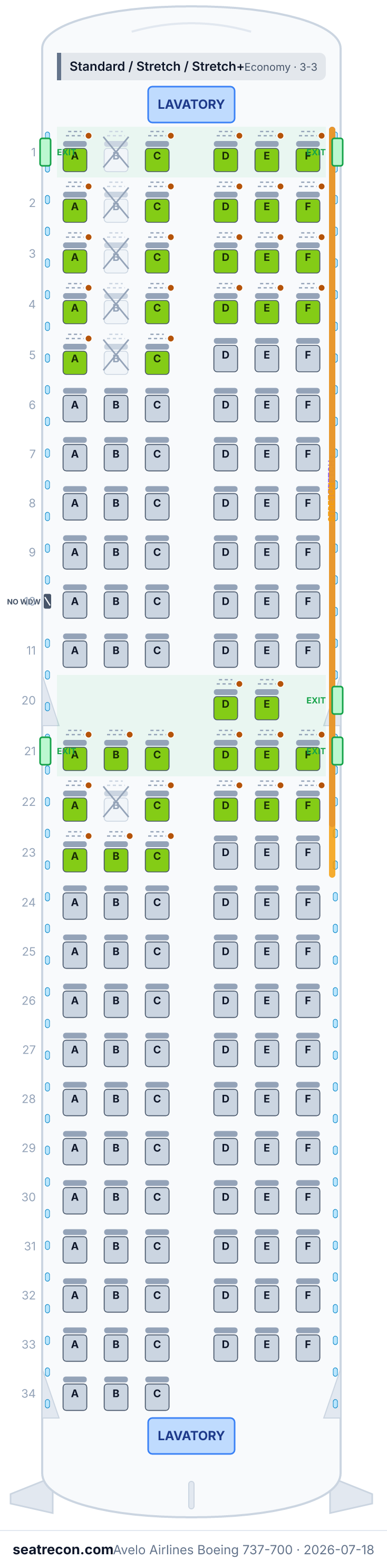 Avelo Airlines Boeing 737-700 seat map diagram — Standard / Stretch / Stretch+ (149 seats)