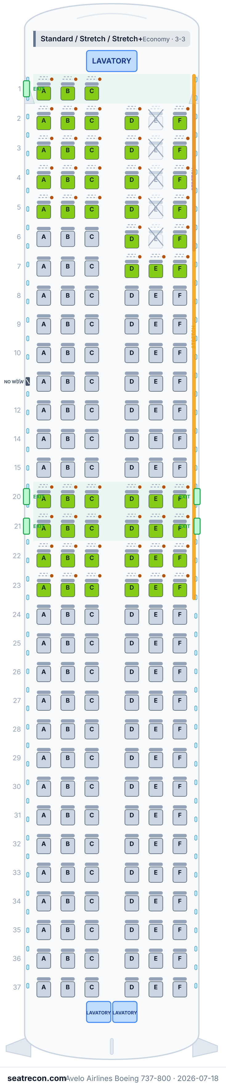 Avelo Airlines Boeing 737-800 seat map diagram — Standard / Stretch / Stretch+ (189 seats)