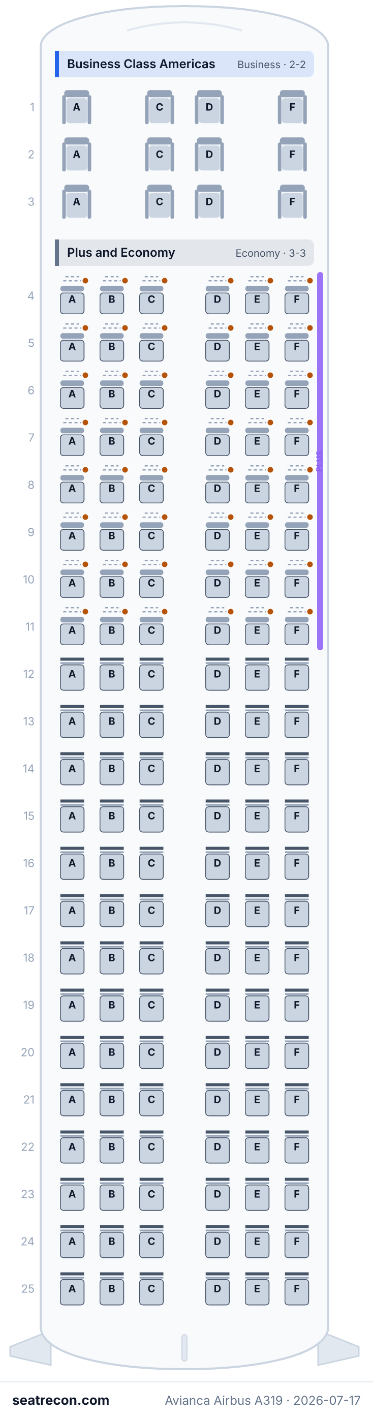 Avianca Airbus A319 seat map diagram — Business Class Americas, Plus and Economy (144 seats)