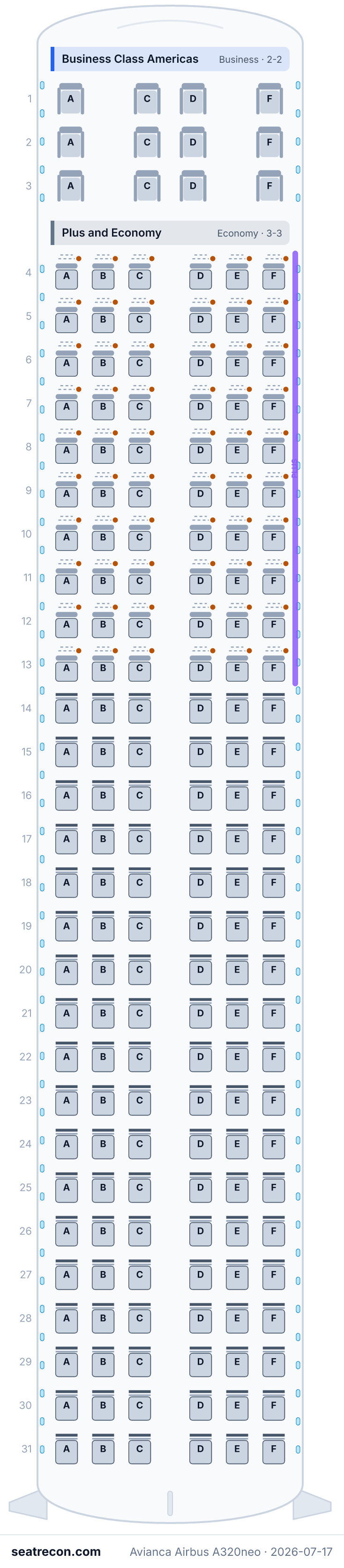 Avianca Airbus A320neo seat map diagram — Business Class Americas, Plus and Economy (180 seats)