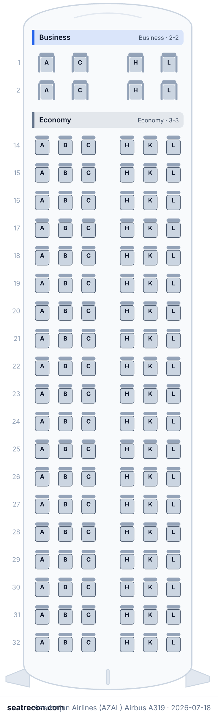 Azerbaijan Airlines (AZAL) Airbus A319 seat map diagram — Business, Economy (122 seats)