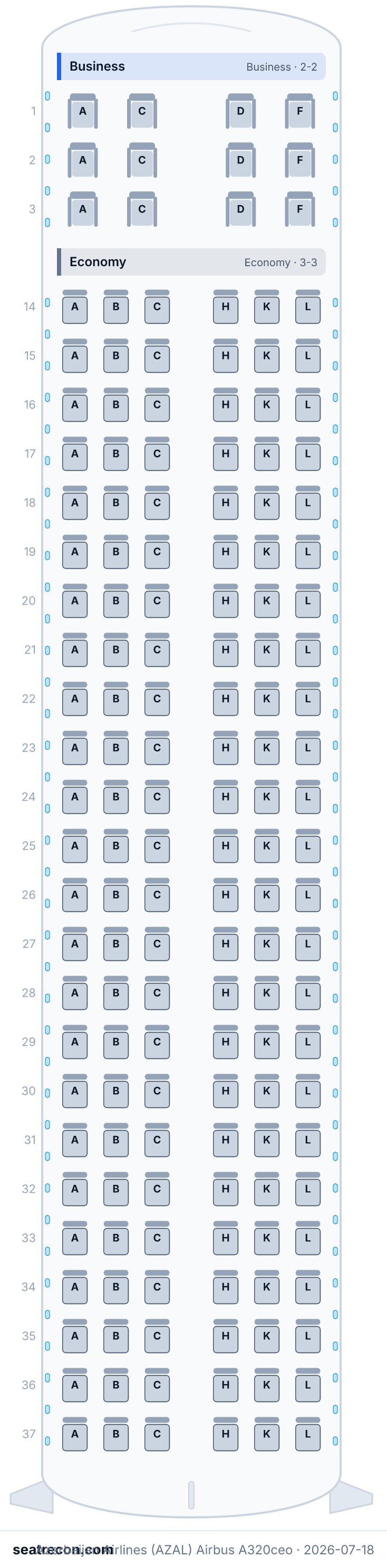 Azerbaijan Airlines (AZAL) Airbus A320ceo seat map diagram — Business, Economy (156 seats)