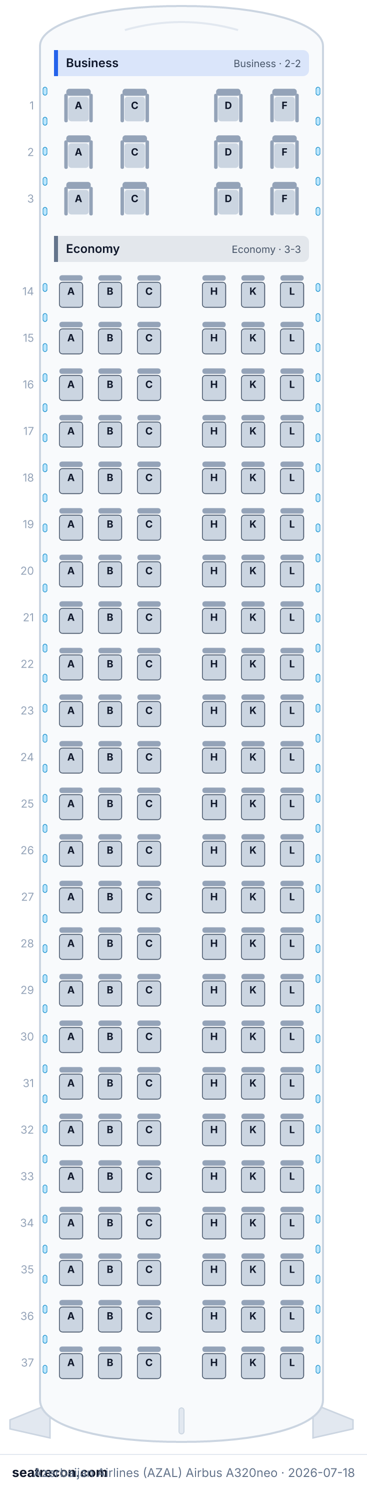 Azerbaijan Airlines (AZAL) Airbus A320neo seat map diagram — Business, Economy (156 seats)