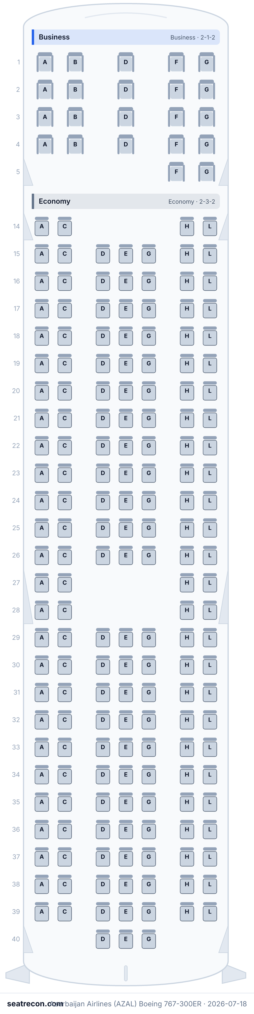 Azerbaijan Airlines (AZAL) Boeing 767-300ER seat map diagram — Business, Economy (198 seats)