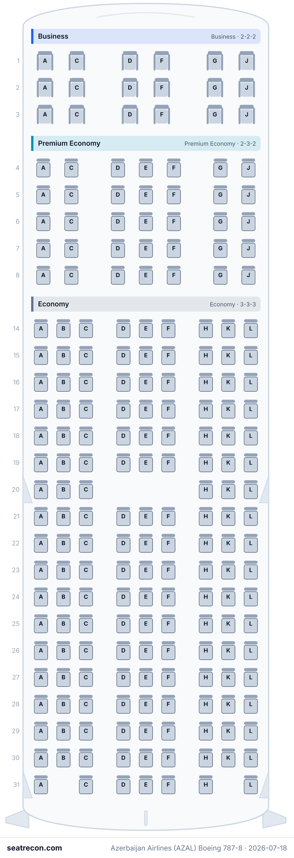 Azerbaijan Airlines (AZAL) Boeing 787-8 seat map diagram — Business, Premium Economy, Economy (210 seats)