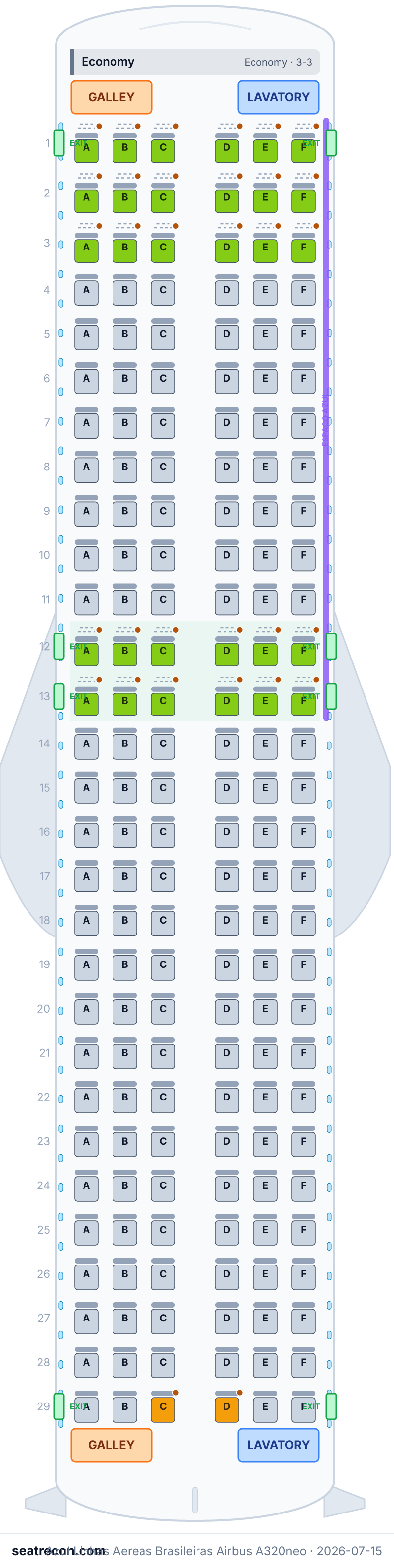 Azul Linhas Aereas Brasileiras Airbus A320neo seat map diagram — Economy (174 seats)