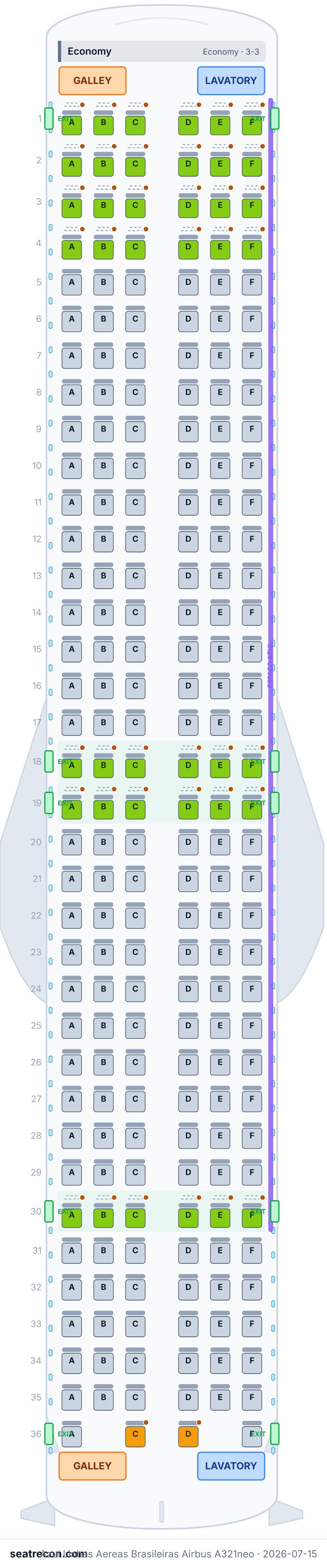 Azul Linhas Aereas Brasileiras Airbus A321neo seat map diagram — Economy (214 seats)
