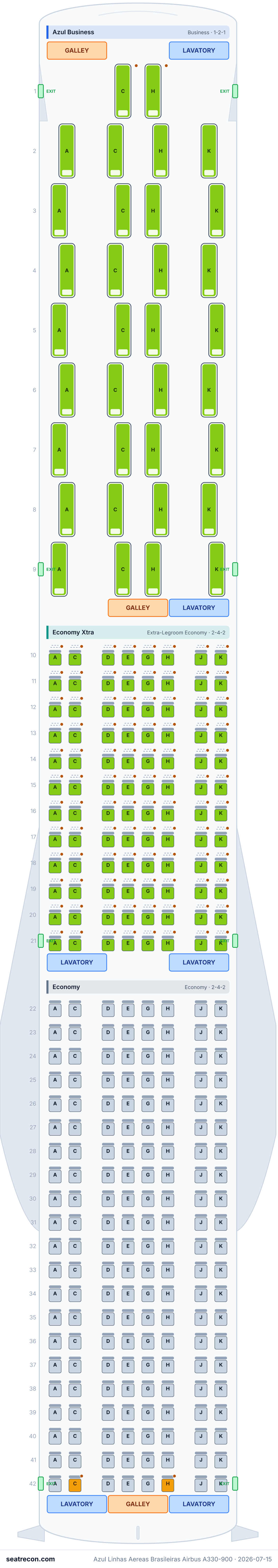 Azul Linhas Aereas Brasileiras Airbus A330-900 seat map diagram — Azul Business, Economy Xtra, Economy (298 seats)