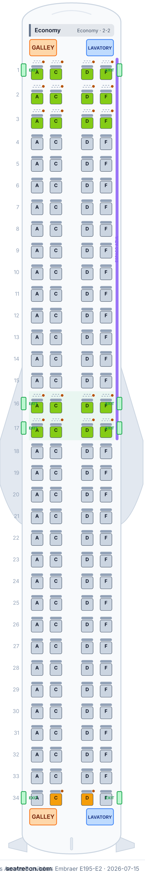 Azul Linhas Aereas Brasileiras Embraer E195-E2 seat map diagram — Economy (136 seats)