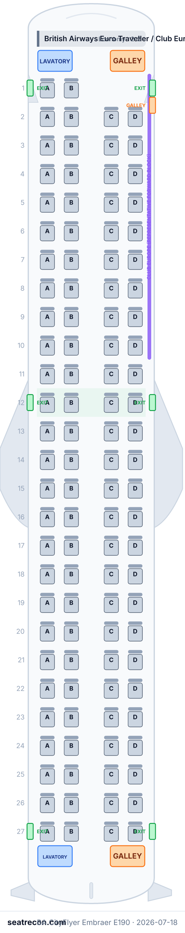 BA CityFlyer Embraer E190 seat map diagram — British Airways Euro Traveller / Club Europe (flexible Eurocabin) (106 seats)
