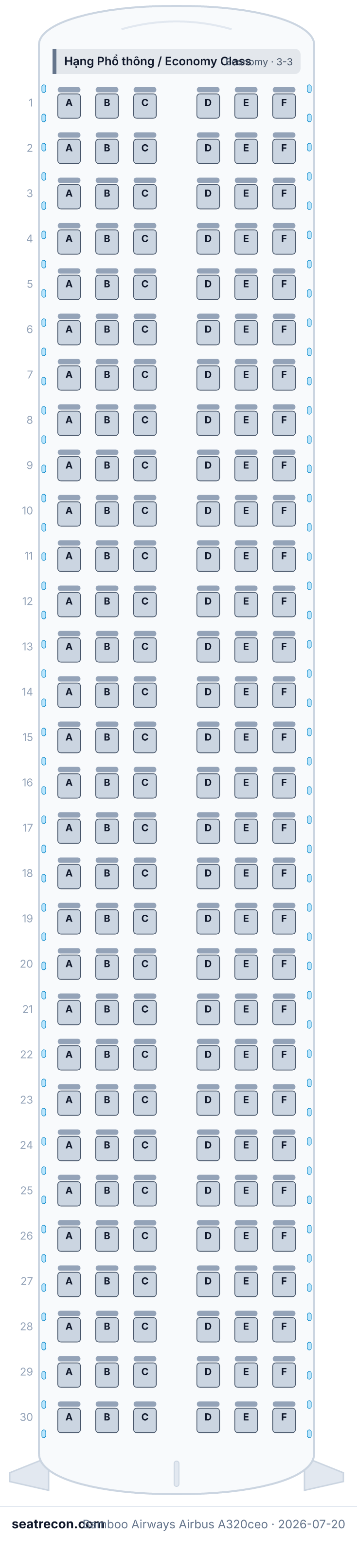 Bamboo Airways Airbus A320ceo seat map (180Y)