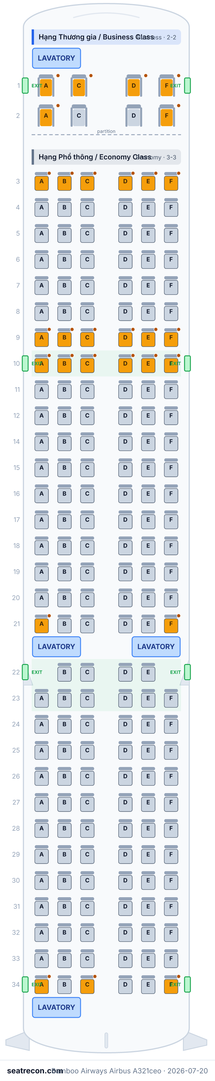Bamboo Airways Airbus A321ceo seat map (8J/184Y)