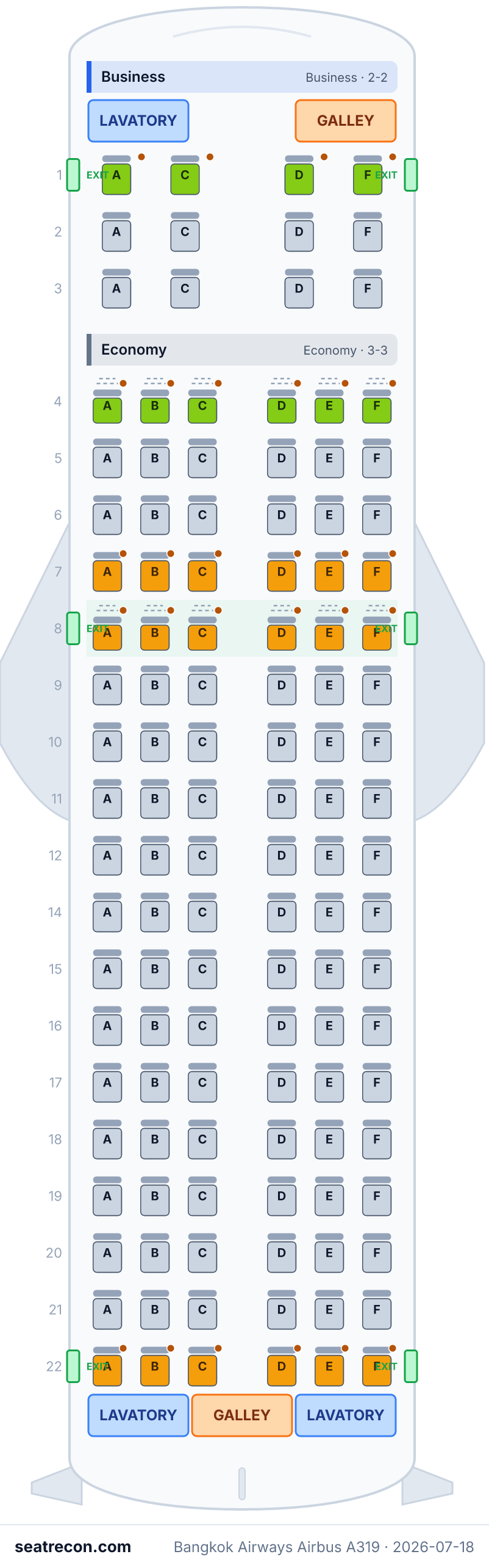 Bangkok Airways Airbus A319 seat map diagram — Business, Economy (120 seats)